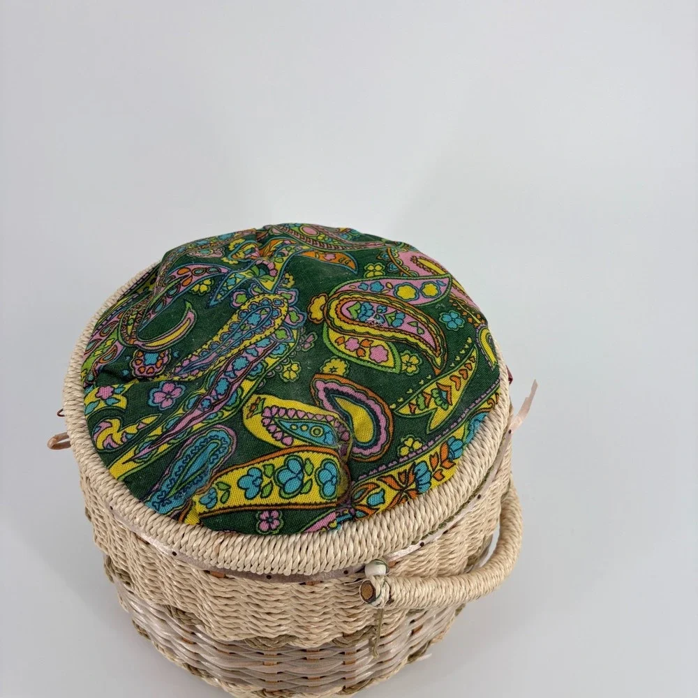 Vintage 1960s Sewing Woven Basket Green Pink  Paisley Fabric Handle Tray Japan